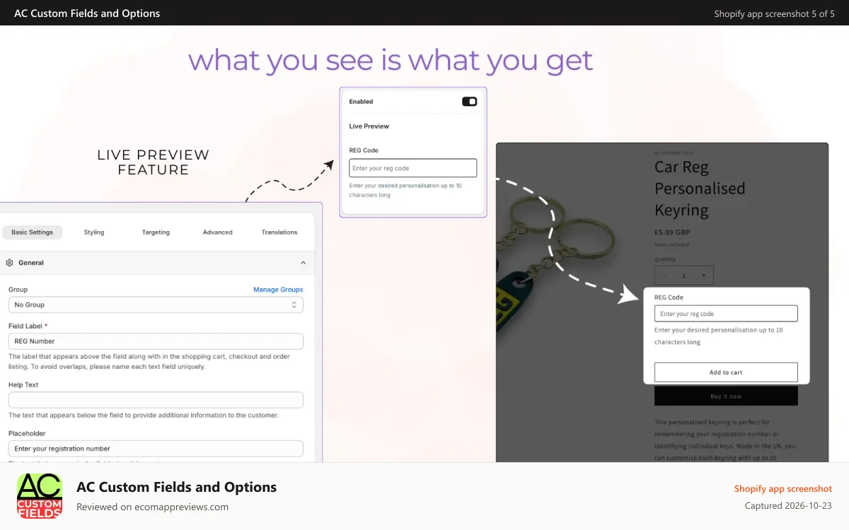 AC Custom Fields and Options Shopify app screenshot: What you see is what you get