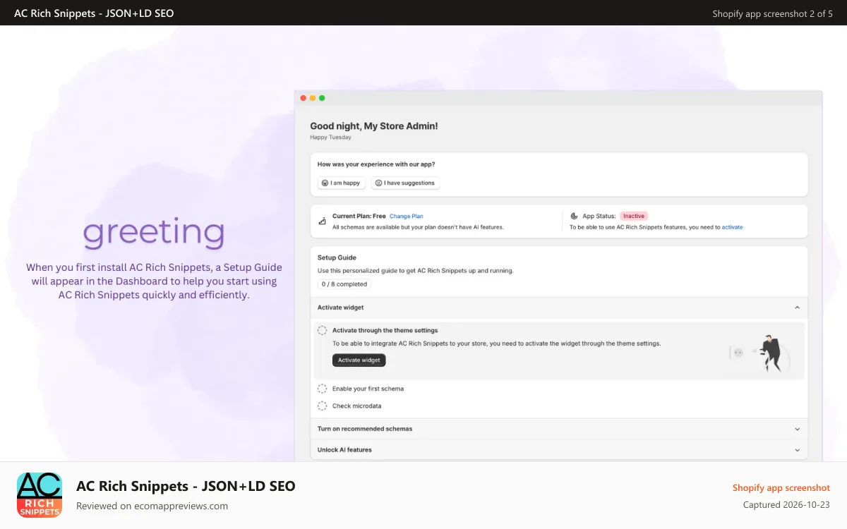 AC Rich Snippets ‑ JSON+LD SEO Shopify app screenshot: Greeting screen with setup guide