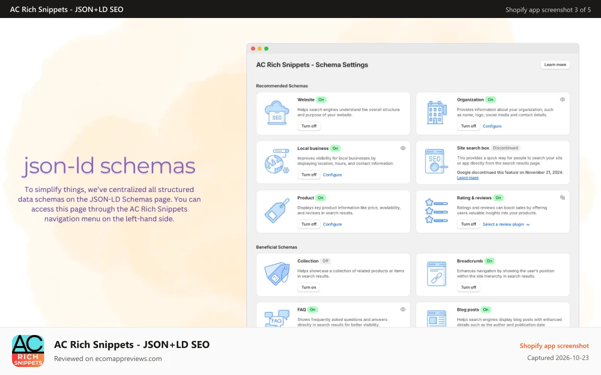 AC Rich Snippets ‑ JSON+LD SEO Shopify app screenshot: Structural data schemas