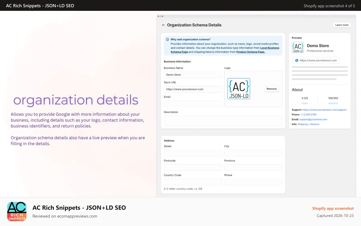 AC Rich Snippets ‑ JSON+LD SEO Shopify app screenshot: Organization details