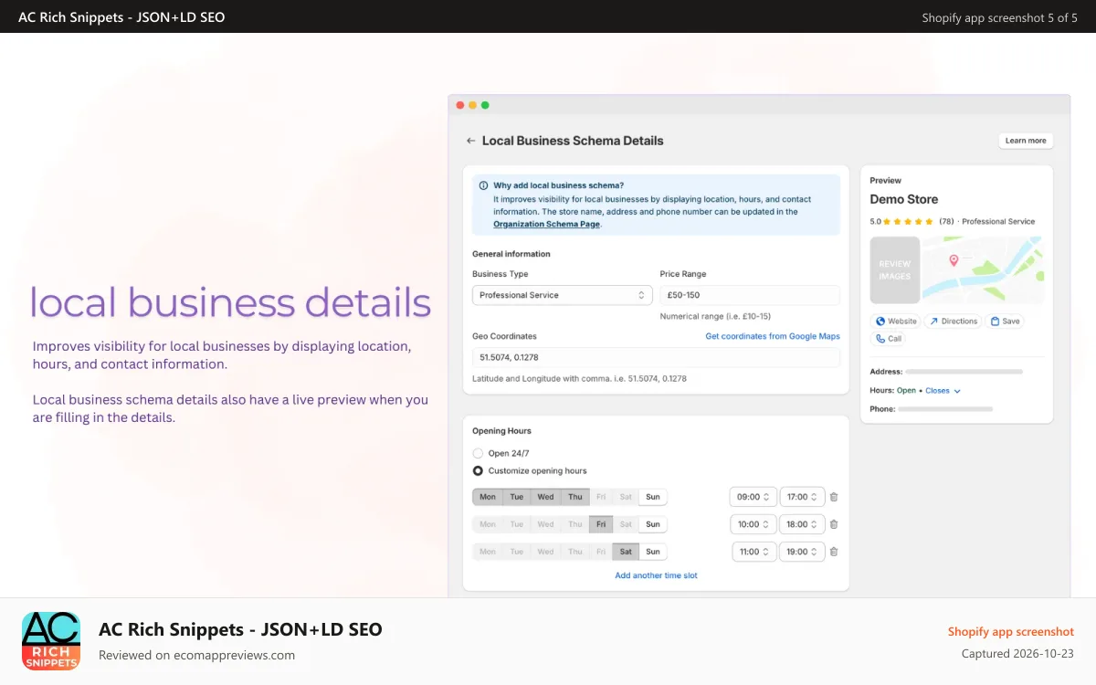 AC Rich Snippets ‑ JSON+LD SEO Shopify app screenshot: Local business details