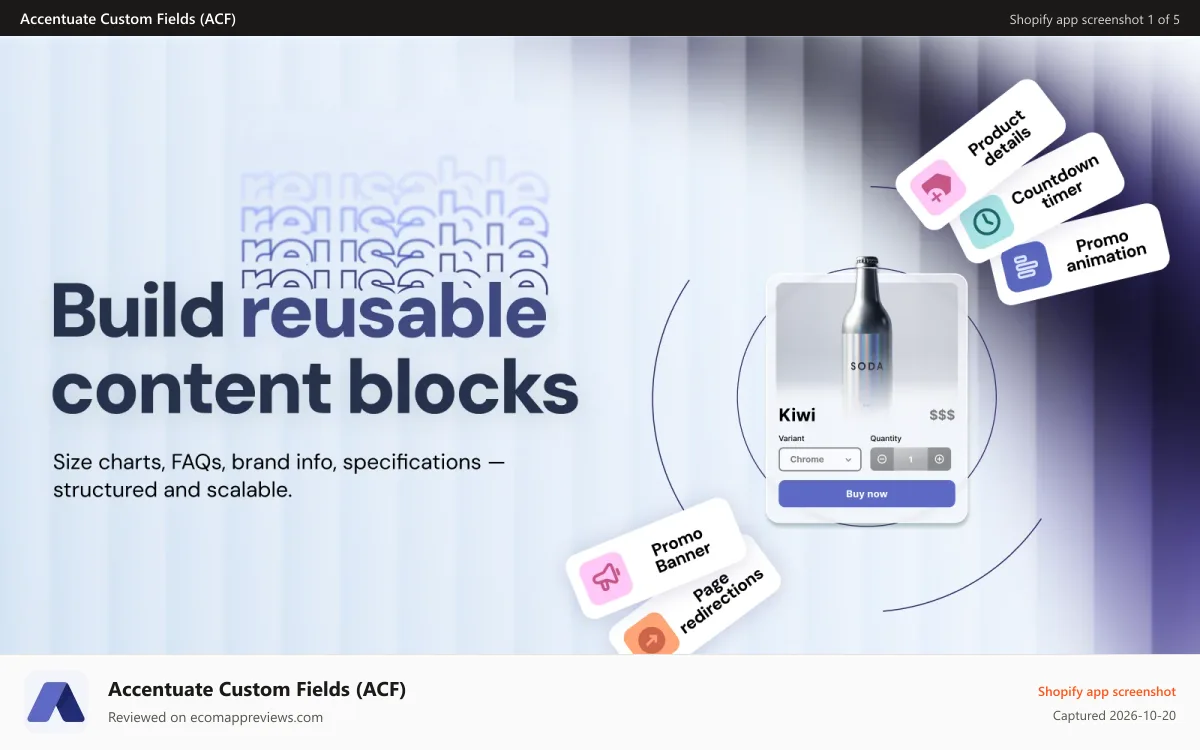 Accentuate Custom Fields (ACF) Shopify app screenshot: Build reusable content blocks