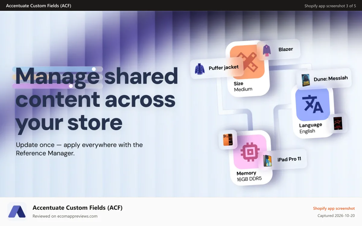 Accentuate Custom Fields (ACF) Shopify app screenshot: Manage shared content across your store