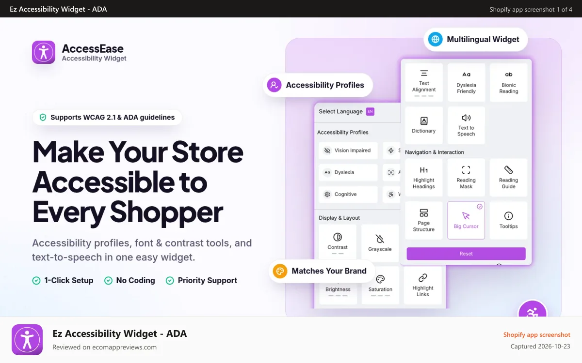 Ez Accessibility Widget ‑ ADA Shopify app screenshot: Enhance Your Store's Accessibility in Minutes