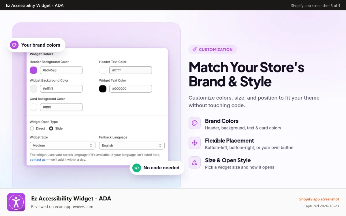 Ez Accessibility Widget ‑ ADA Shopify app screenshot: Match Your Store's Unique Brand & Style