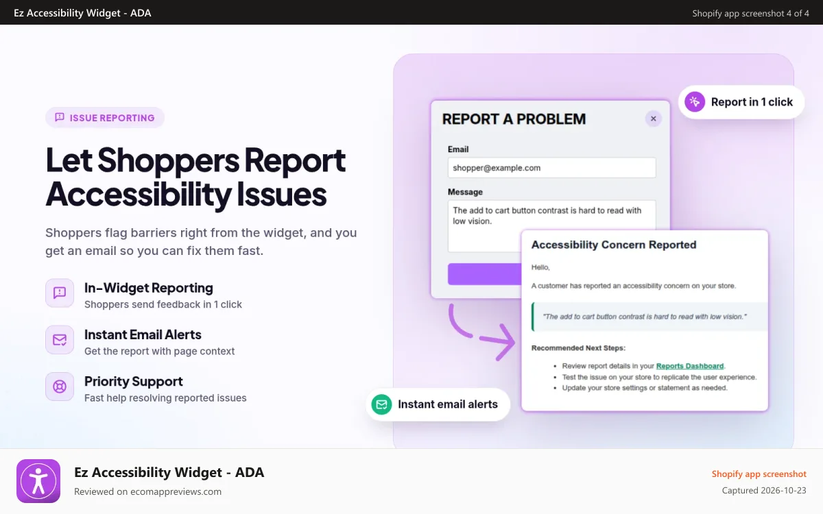 Ez Accessibility Widget ‑ ADA Shopify app screenshot: Allow Shoppers to Report Accessibility Obstacles