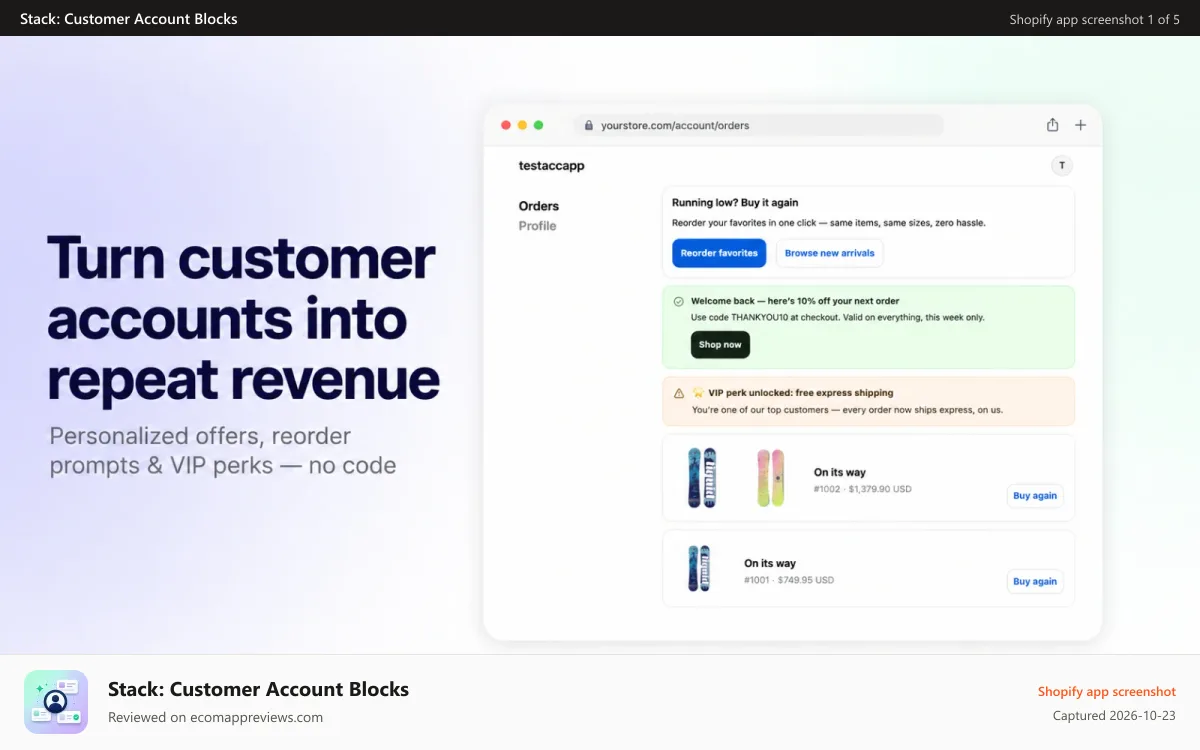 Stack: Customer Account Blocks Shopify app screenshot: Turn customer accounts into repeat revenue