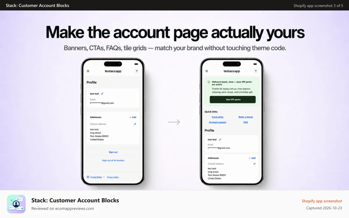 Stack: Customer Account Blocks Shopify app screenshot: Make the account page actually yours