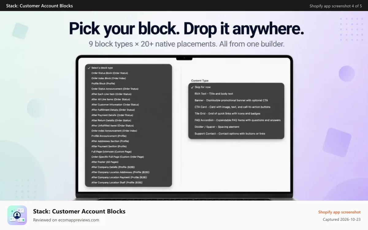 Stack: Customer Account Blocks Shopify app screenshot: Pick your block. Drop it anywhere.