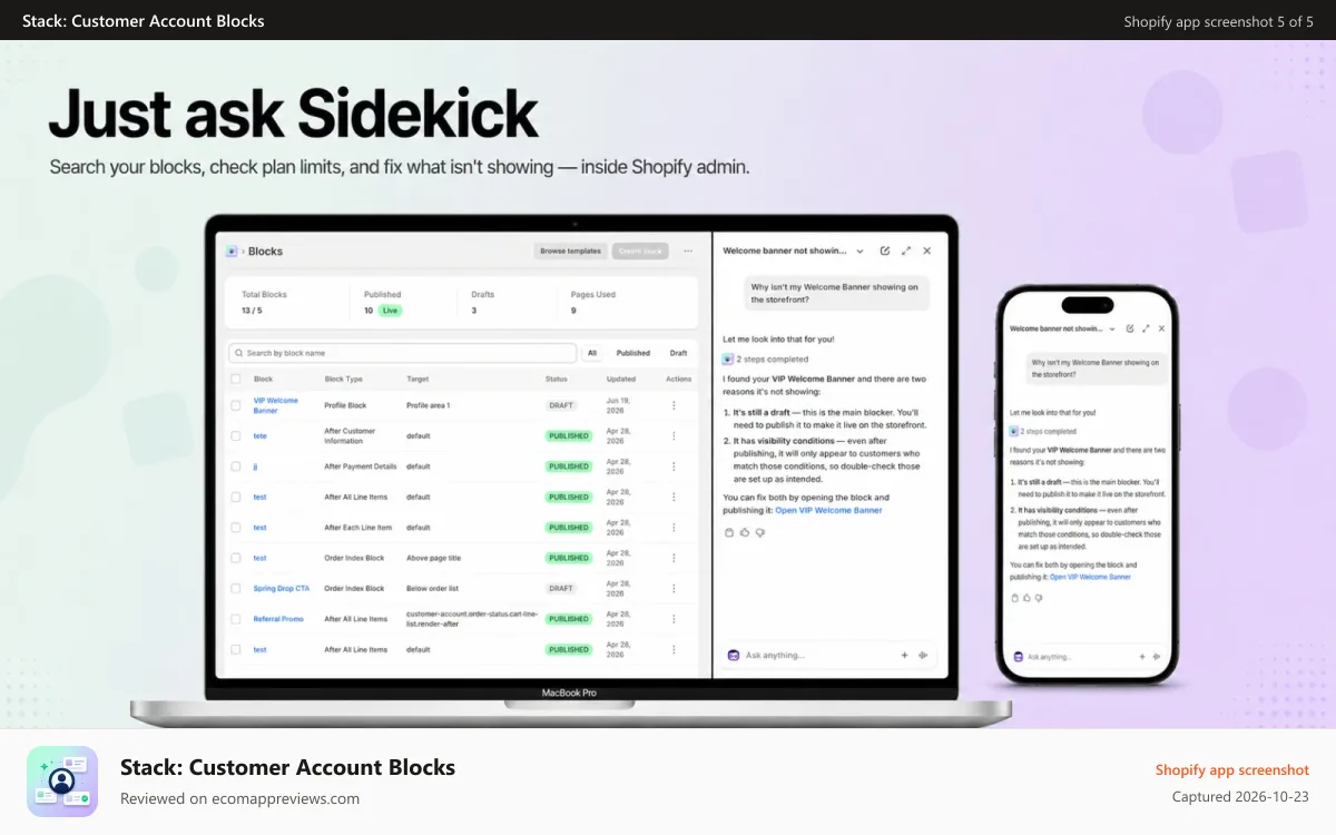 Stack: Customer Account Blocks Shopify app screenshot: Just ask Sidekick