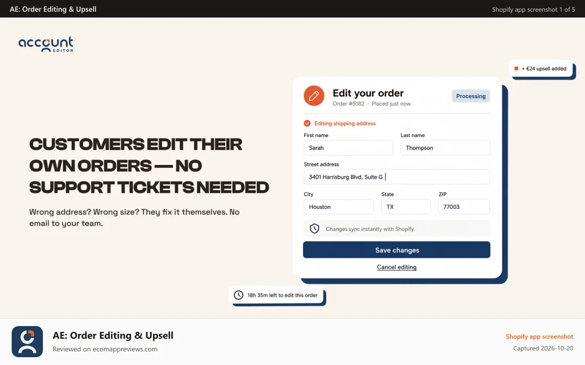 AE: Order Editing & Upsell Shopify app screenshot: Customer editing shipping address on order status page