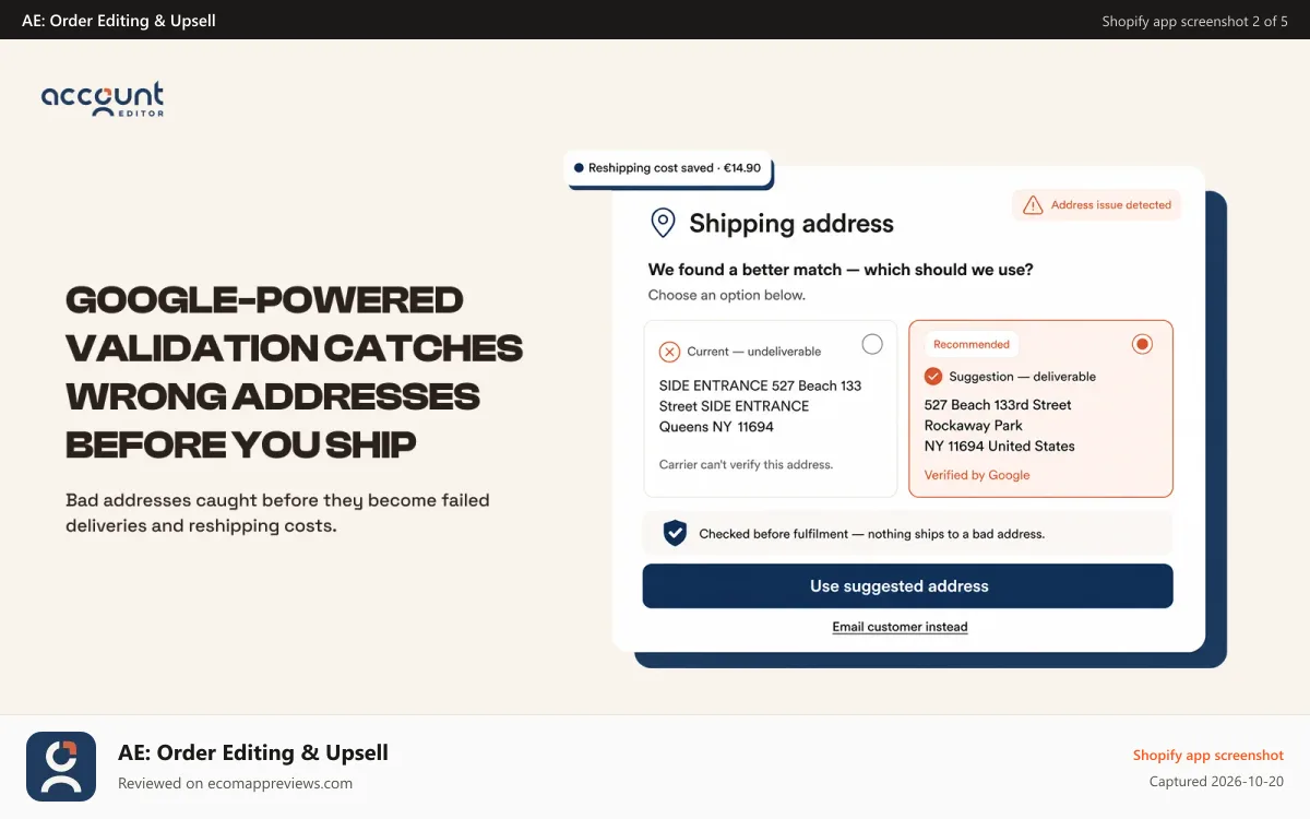 AE: Order Editing & Upsell Shopify app screenshot: Address validation with deliverable suggestion and fix"