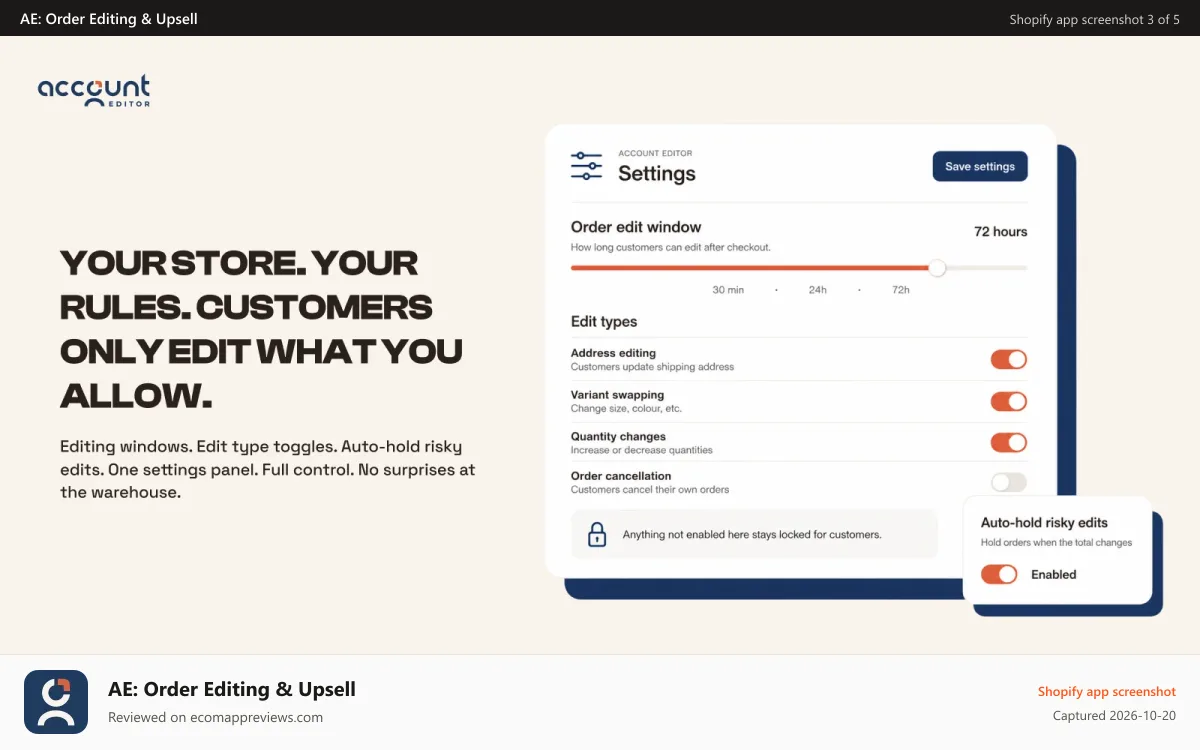 AE: Order Editing & Upsell Shopify app screenshot: Merchant settings for edit types, windows, and holds