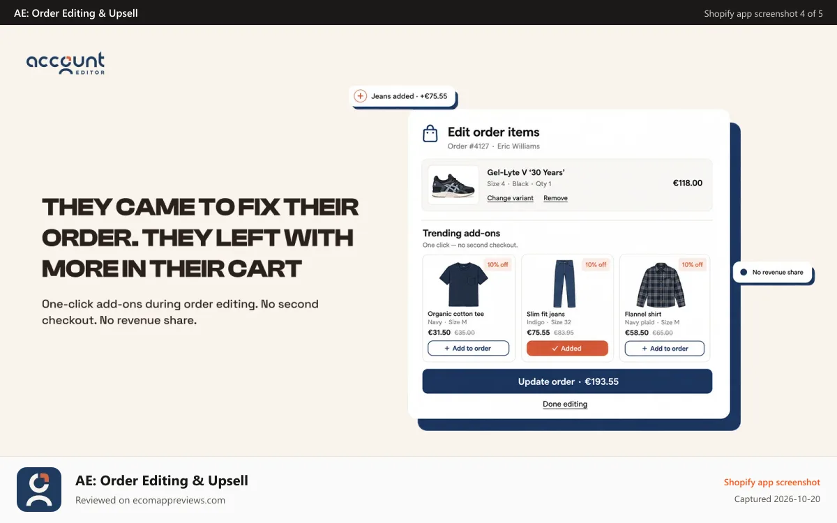 AE: Order Editing & Upsell Shopify app screenshot: Order item editing with one-click upsell add-ons