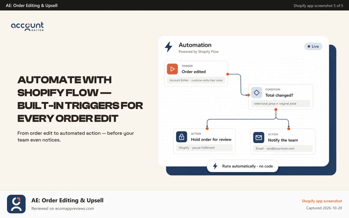 AE: Order Editing & Upsell Shopify app screenshot: Shopify Flow automation with order edit triggers