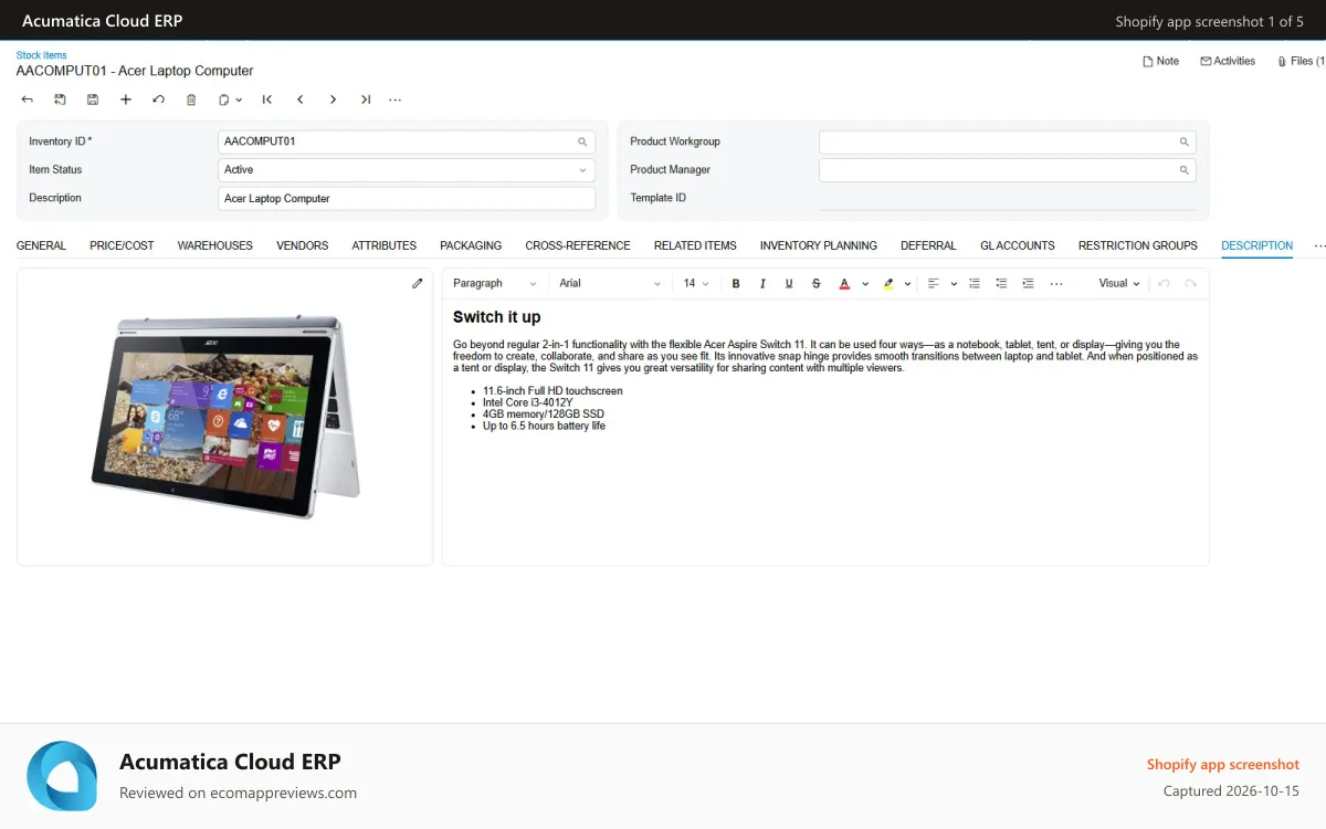 Acumatica Cloud ERP Shopify app screenshot: Product Information Management - Rich Media Description
