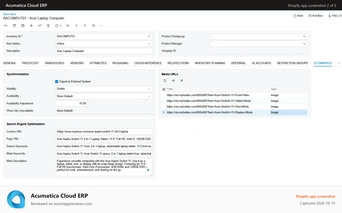 Acumatica Cloud ERP Shopify app screenshot: Product Information - SEO and Customer Experience Management