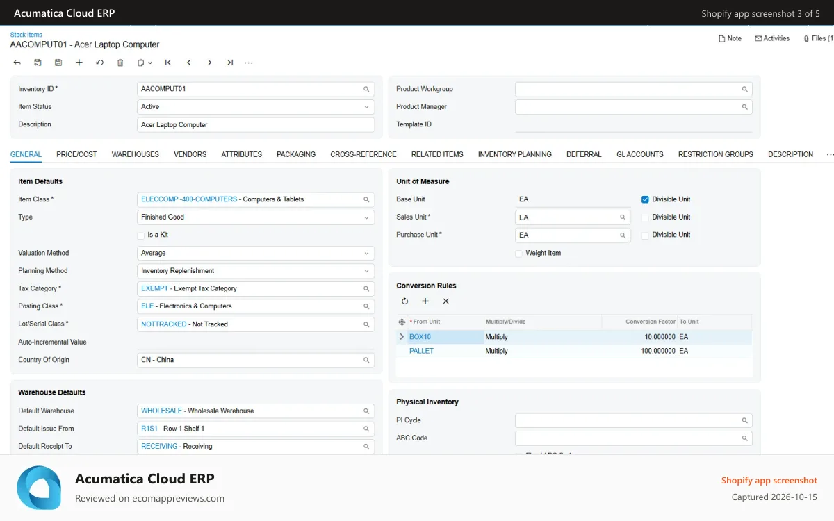 Acumatica Cloud ERP Shopify app screenshot: Stock Item Management - Vendors, Inventory, Fulfillment, etc