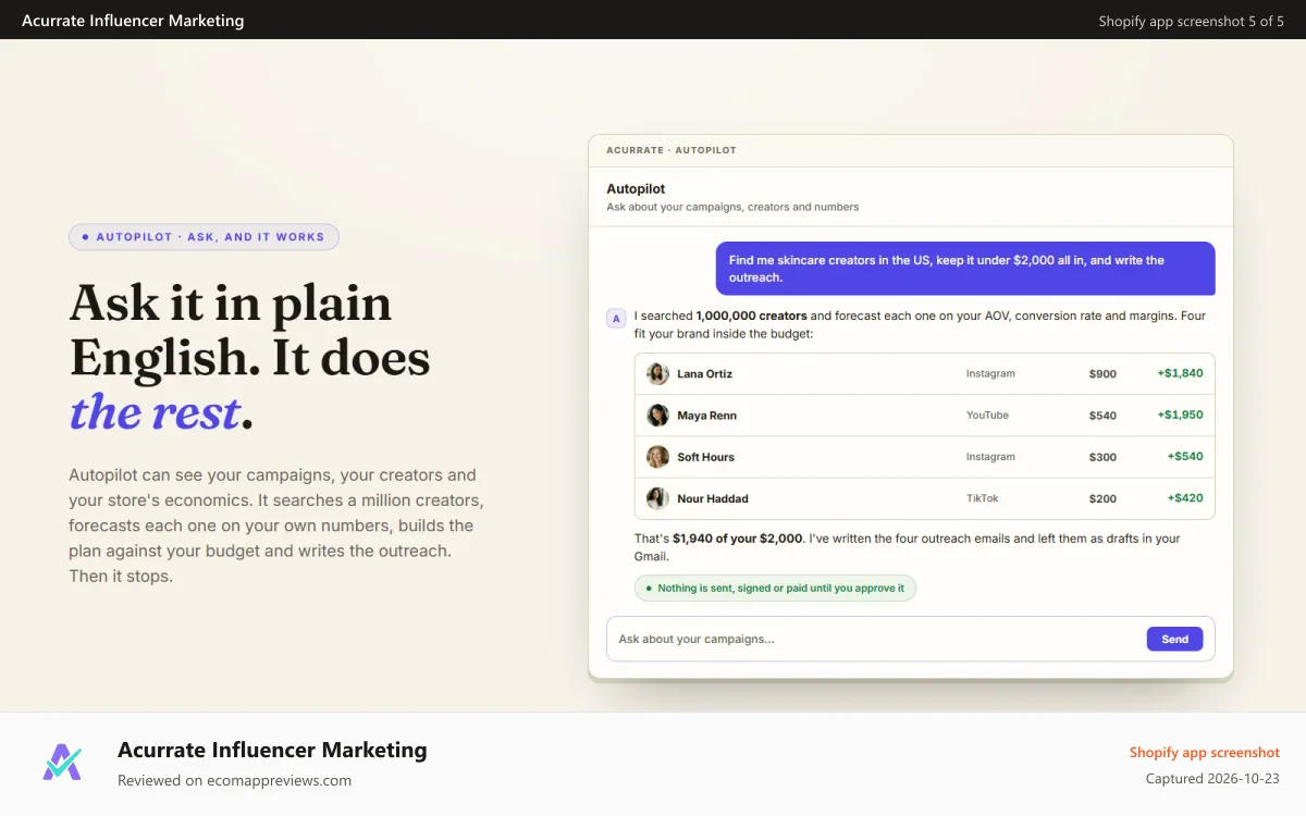 Acurrate Influencer Marketing Shopify app screenshot: Ask Autopilot in plain English; it finds, forecasts and drafts