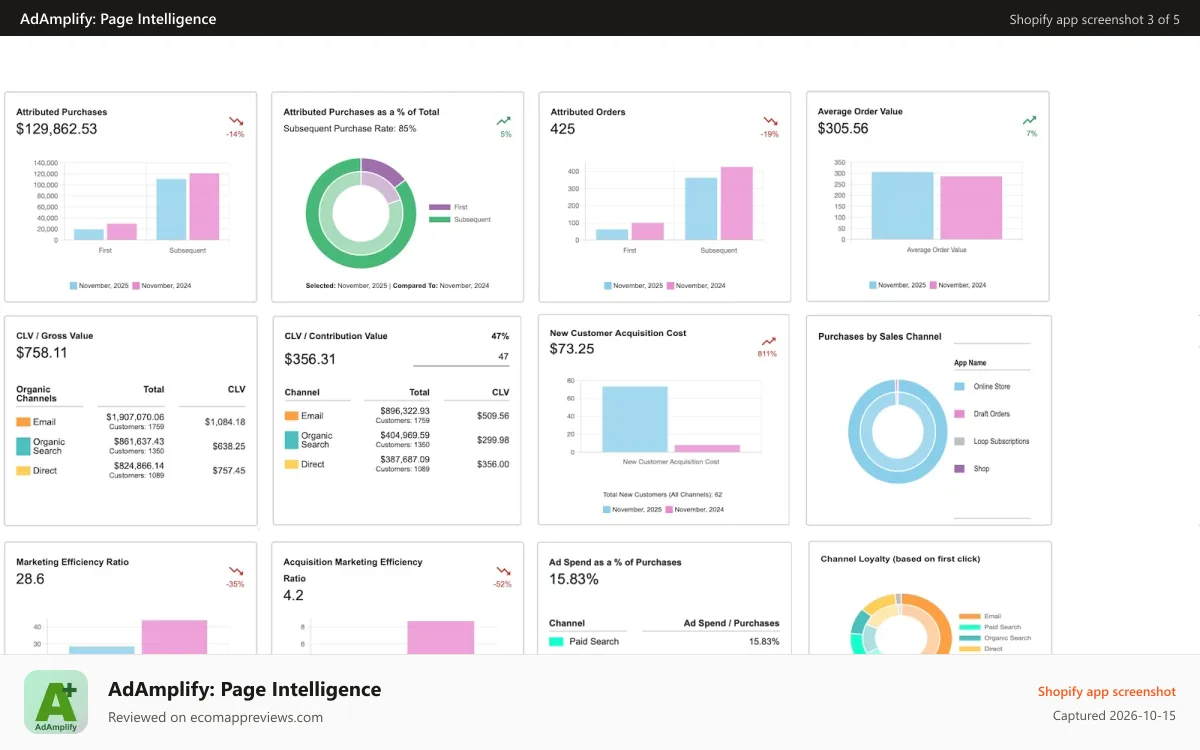 AdAmplify: Page Intelligence Shopify app screenshot: Dashboard Trends recaps critical performance metrics..