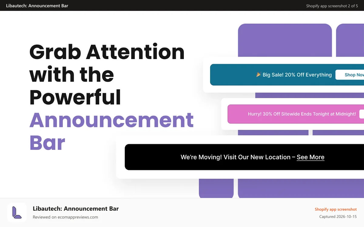 Libautech: Announcement Bar Shopify app screenshot: Promote Your Content with Announcement Bar
