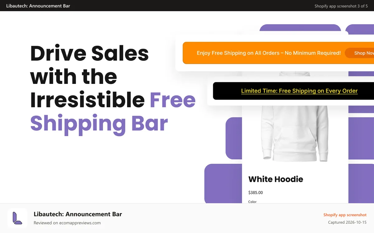 Libautech: Announcement Bar Shopify app screenshot: Free Shipping Bar to show the cost of shipping
