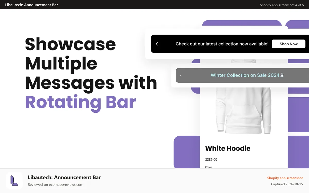 Libautech: Announcement Bar Shopify app screenshot: Rotating Bar will allow to show multiple announcement bars