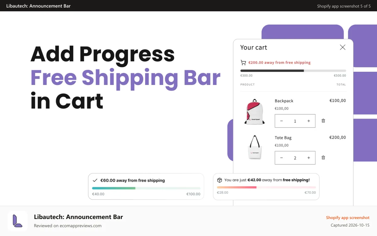 Libautech: Announcement Bar Shopify app screenshot: In Cart Free Shipping Bar