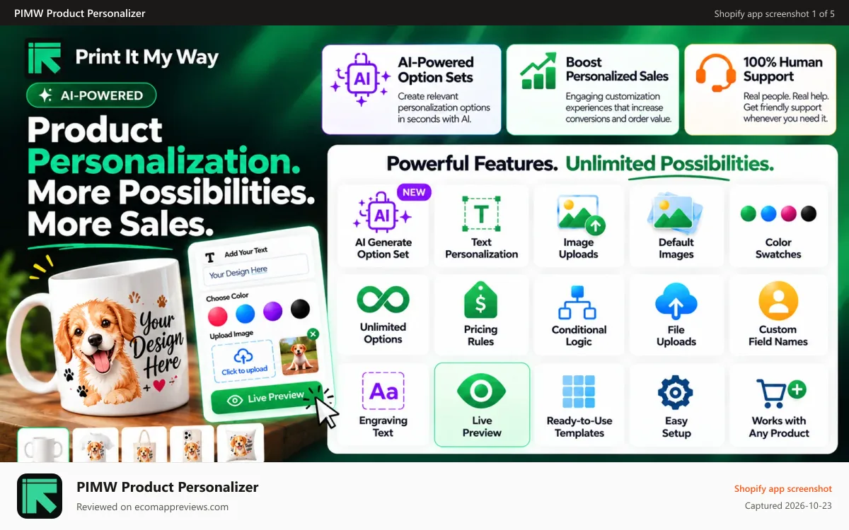 PIMW Product Personalizer Shopify app screenshot: Unlimited Product options