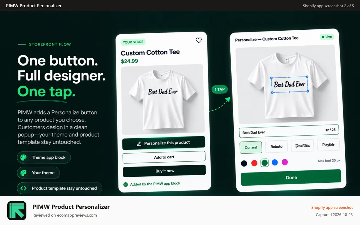 PIMW Product Personalizer Shopify app screenshot: product customization color size text options