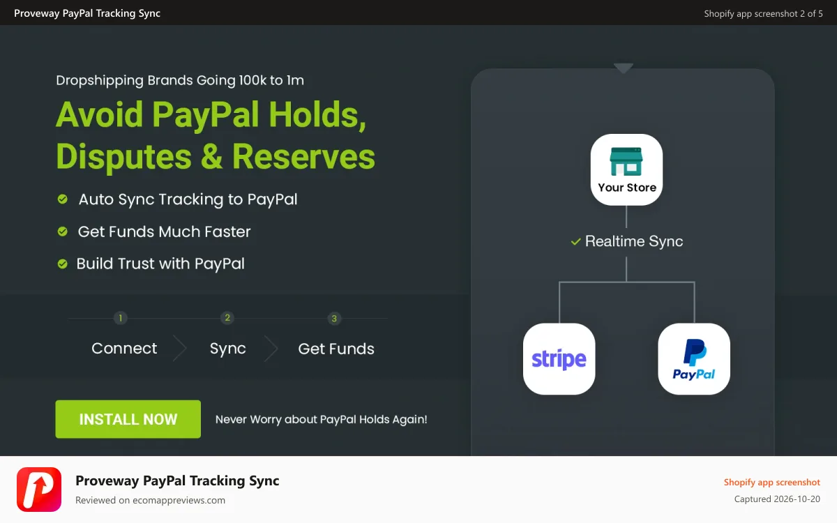 Proveway PayPal Tracking Sync Shopify app screenshot: PayPal Tracking & Stripe Tracking Sync