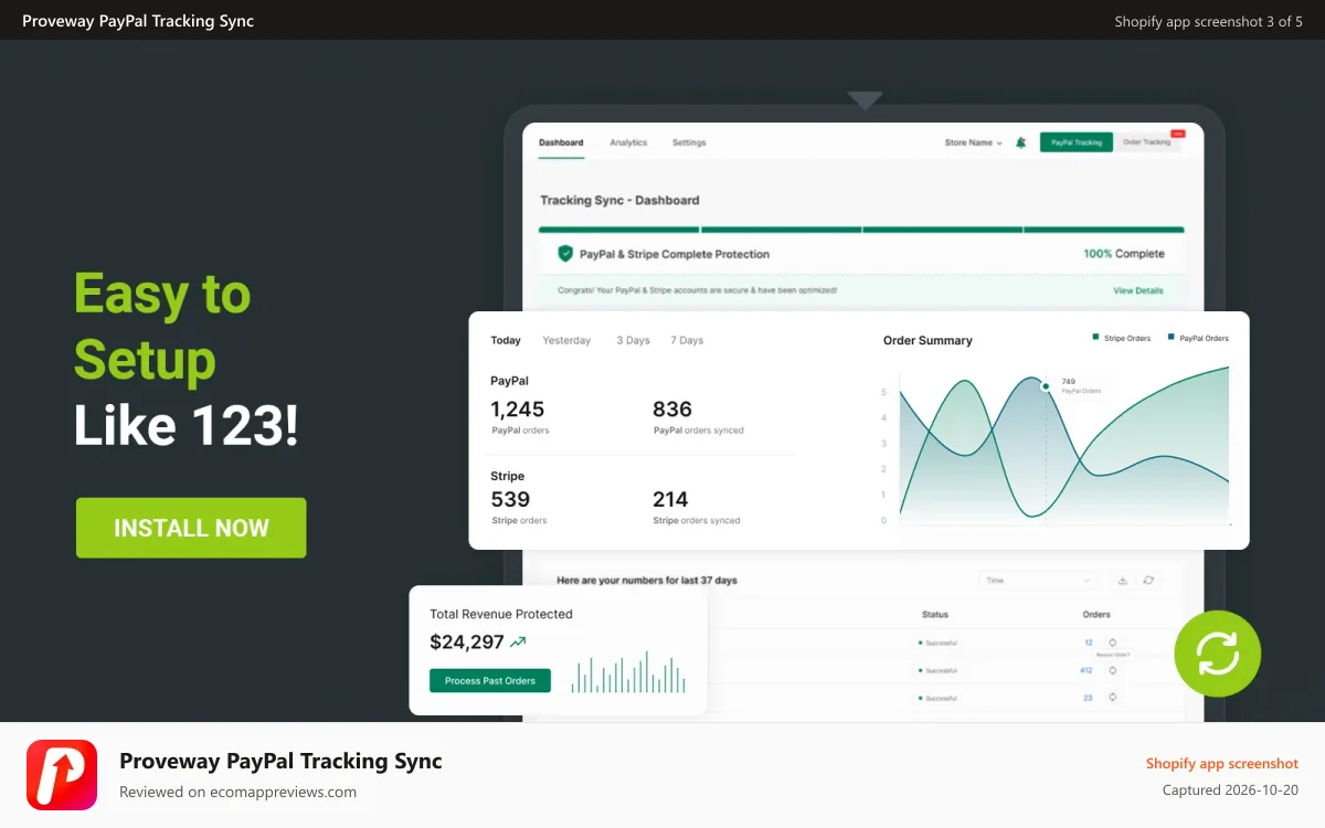Proveway PayPal Tracking Sync Shopify app screenshot: Easy to use dashboard proveway