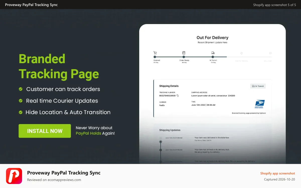 Proveway PayPal Tracking Sync Shopify app screenshot: Order Tracking Branded Tracking Page