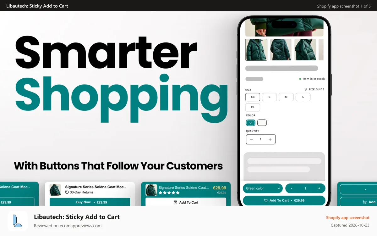 Libautech: Sticky Add to Cart Shopify app screenshot: Sticky cart bar for Shopify – mobile-optimized design
