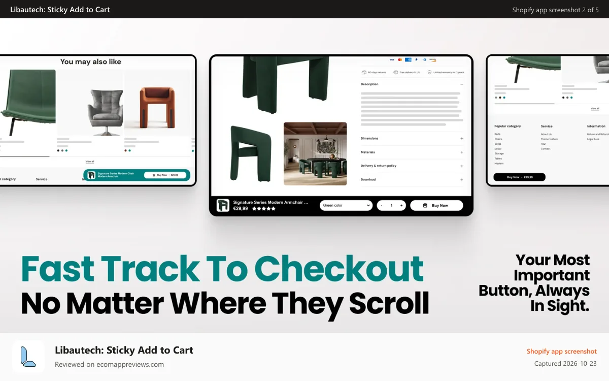 Libautech: Sticky Add to Cart Shopify app screenshot: Add to cart bar with product image, price & CTA Buy now checkout