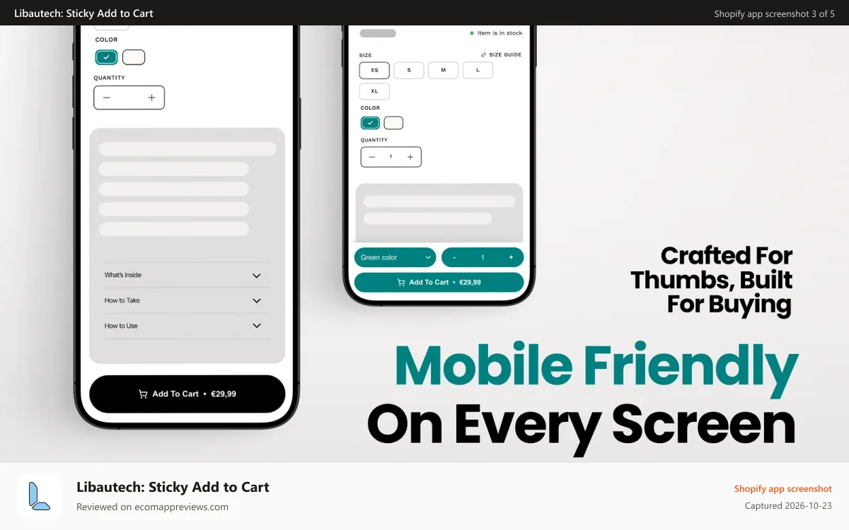Libautech: Sticky Add to Cart Shopify app screenshot: Sticky bars on mobile screens with multiple design styles