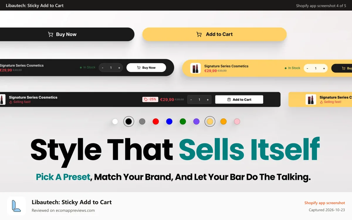 Libautech: Sticky Add to Cart Shopify app screenshot: Desktop and mobile Sticky Add To Cart design presets