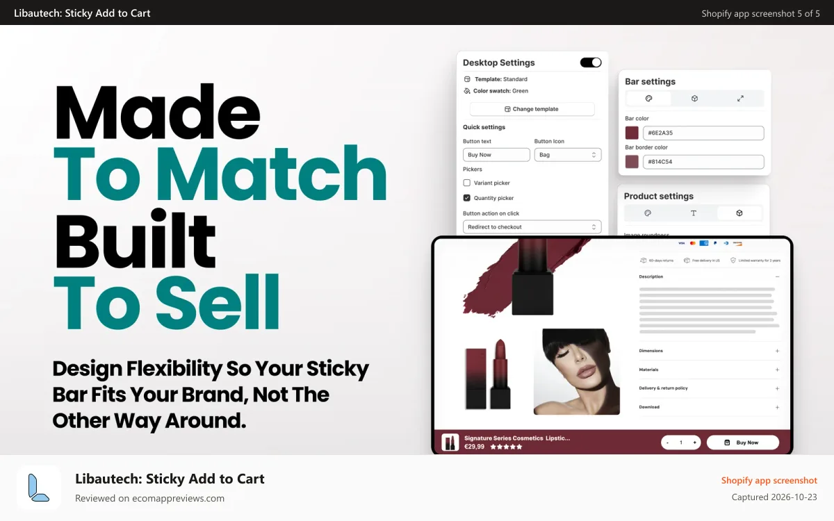 Libautech: Sticky Add to Cart Shopify app screenshot: Easy and simple to set up Sticky Add To Cart Designs