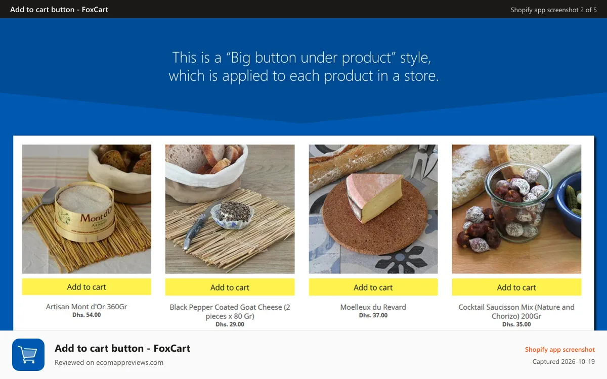 Add to cart button ‑ FoxCart Shopify app screenshot: Nice square under product button - buy button