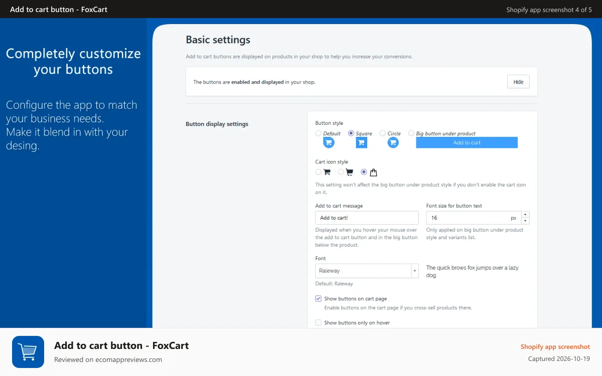 Add to cart button ‑ FoxCart Shopify app screenshot: Add to cart button nice settings for buy button customization