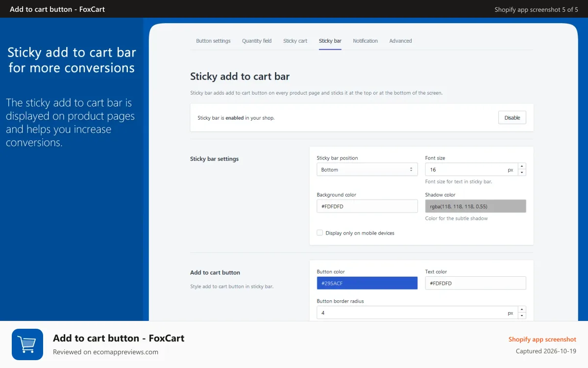 Add to cart button ‑ FoxCart Shopify app screenshot: Sticky bar on product pages settings
