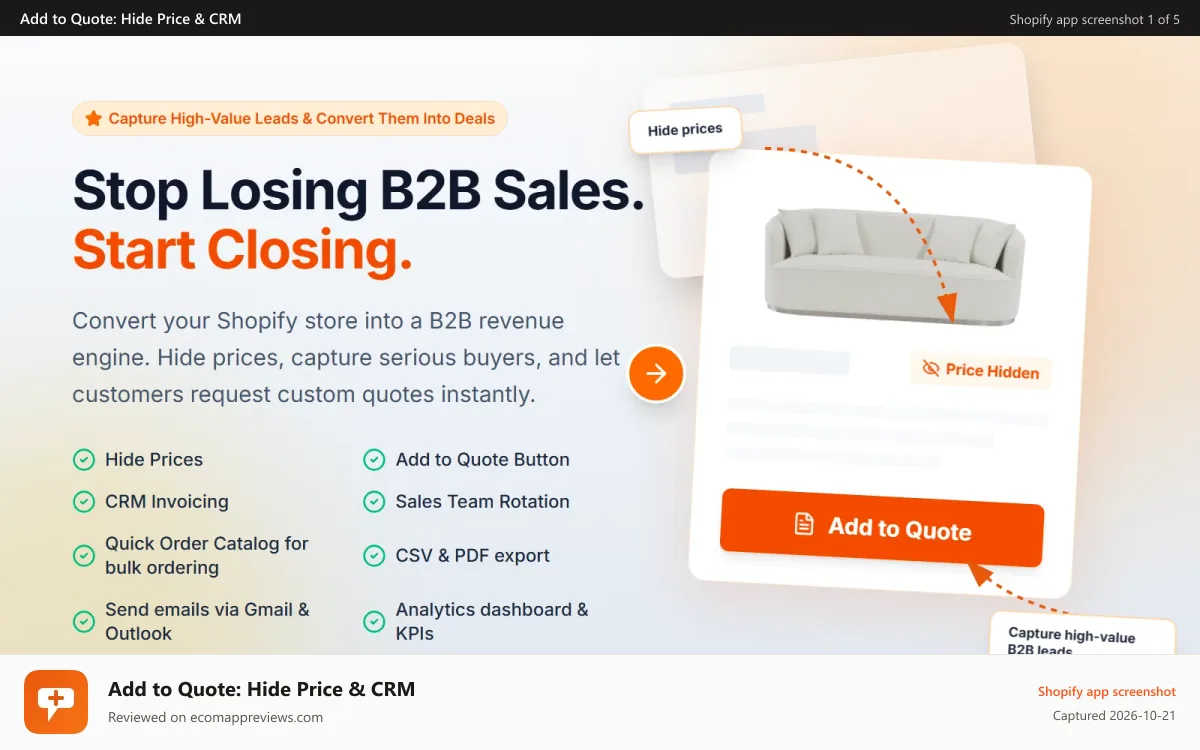 Add to Quote: Hide Price & CRM Shopify app screenshot: Add to quote button RFQ
