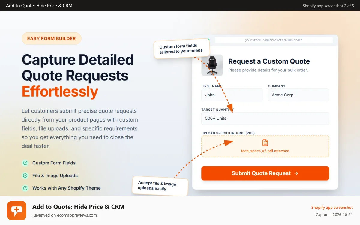Add to Quote: Hide Price & CRM Shopify app screenshot: Request a Quote Shopify app