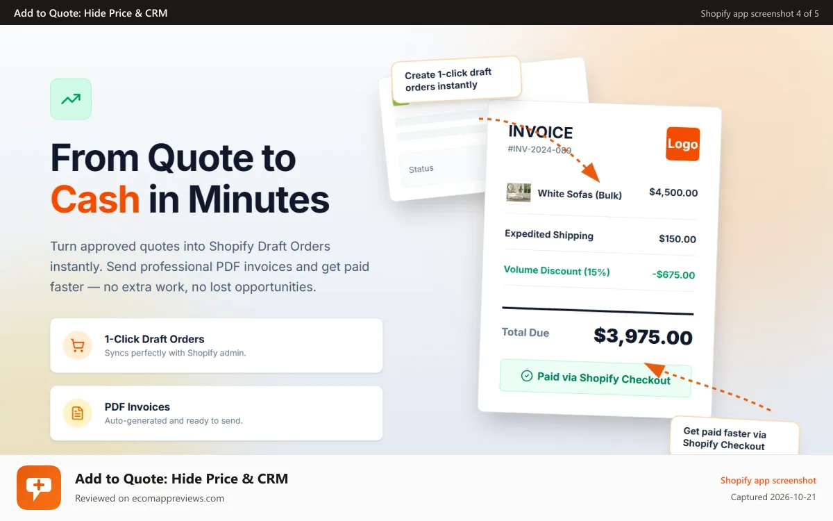 Add to Quote: Hide Price & CRM Shopify app screenshot: Convert Draft order to invoice