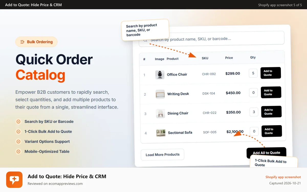 Add to Quote: Hide Price & CRM Shopify app screenshot: Quick Order Catalog