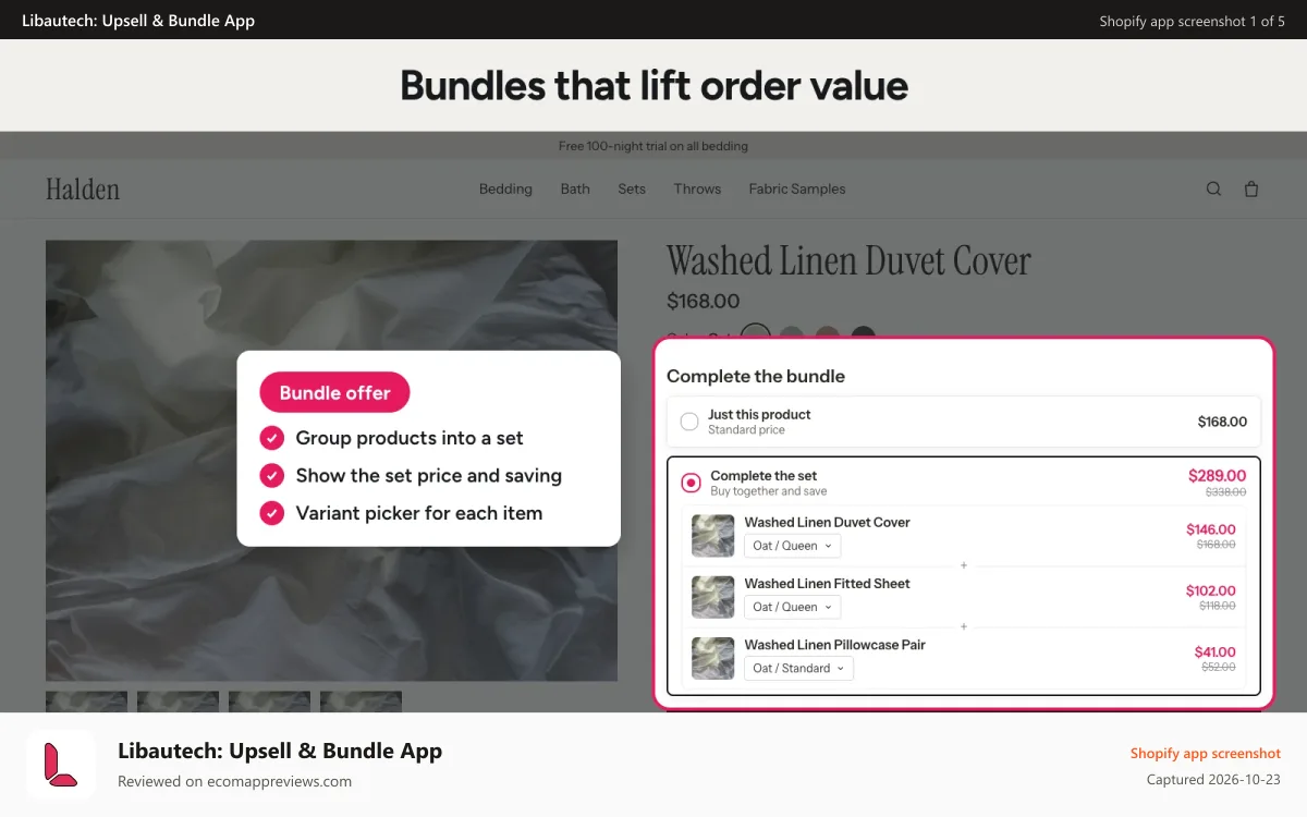 Libautech: Upsell & Bundle App Shopify app screenshot: Product bundles and complete the set offers that lift AOV