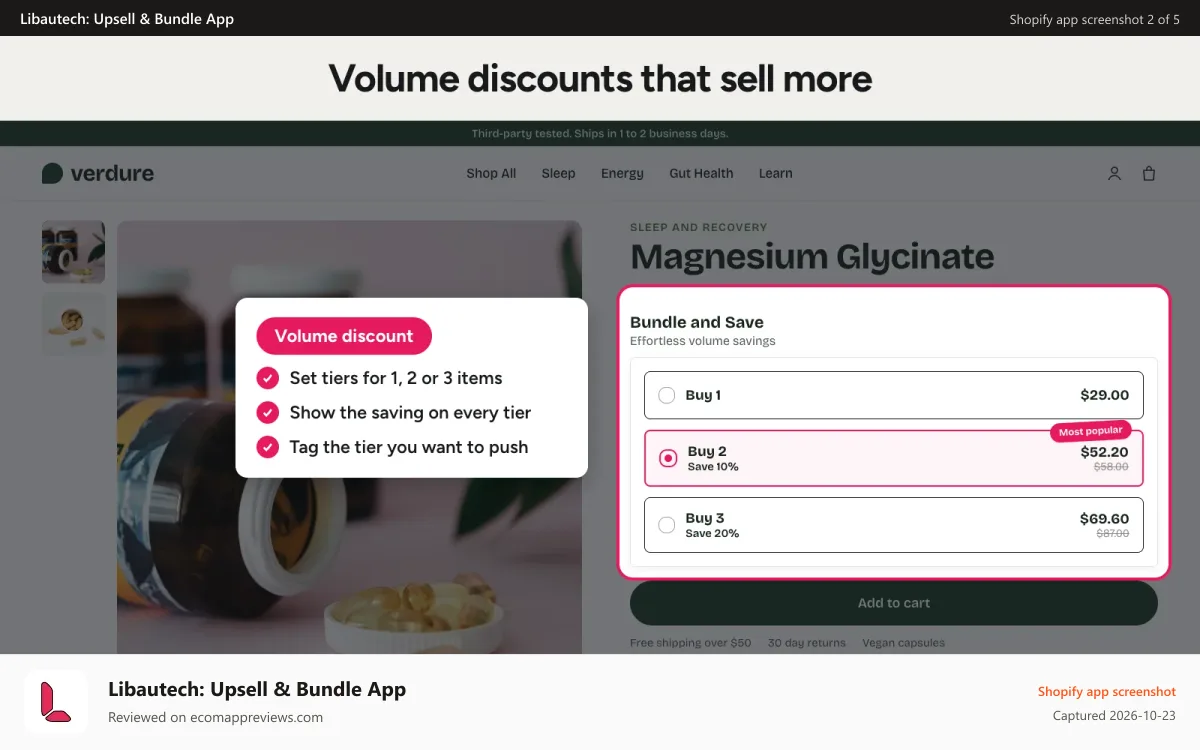 Libautech: Upsell & Bundle App Shopify app screenshot: Volume discounts and quantity breaks with tiered savings