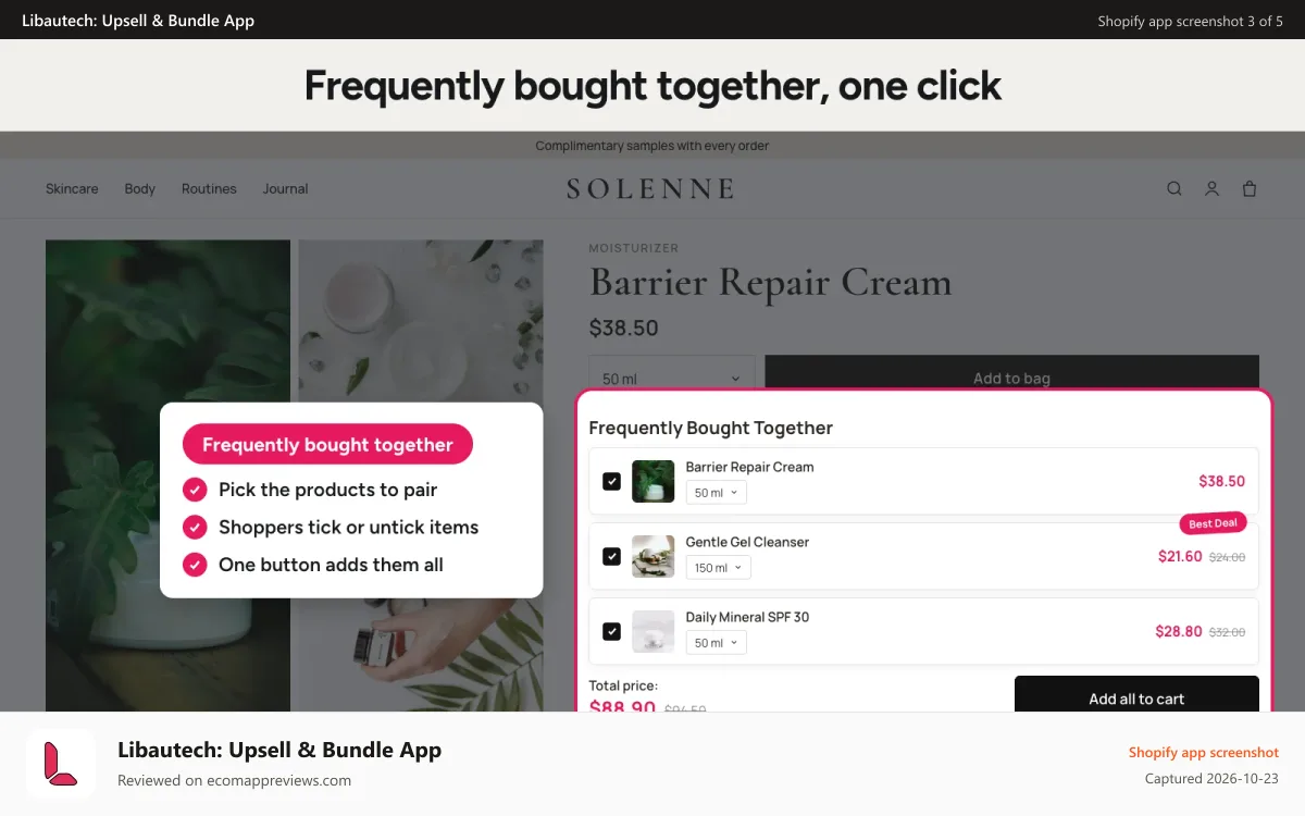 Libautech: Upsell & Bundle App Shopify app screenshot: Frequently bought together, add all to cart in one click