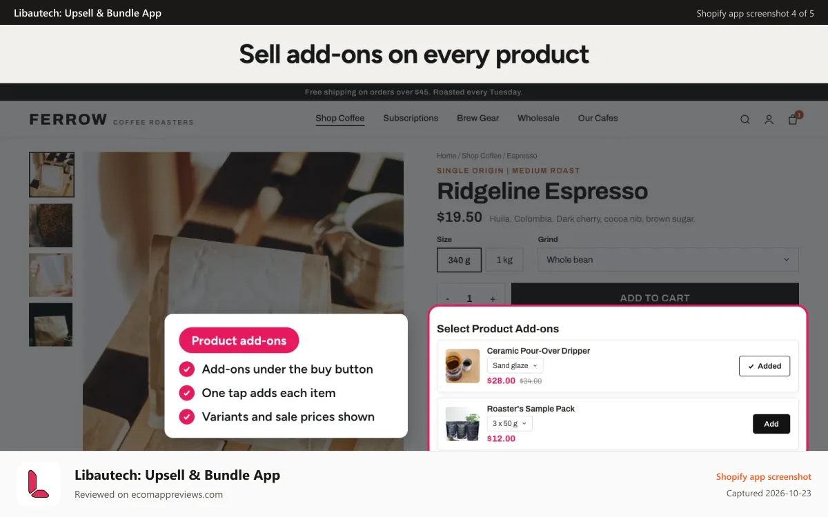 Libautech: Upsell & Bundle App Shopify app screenshot: Product add-ons under the add to cart button