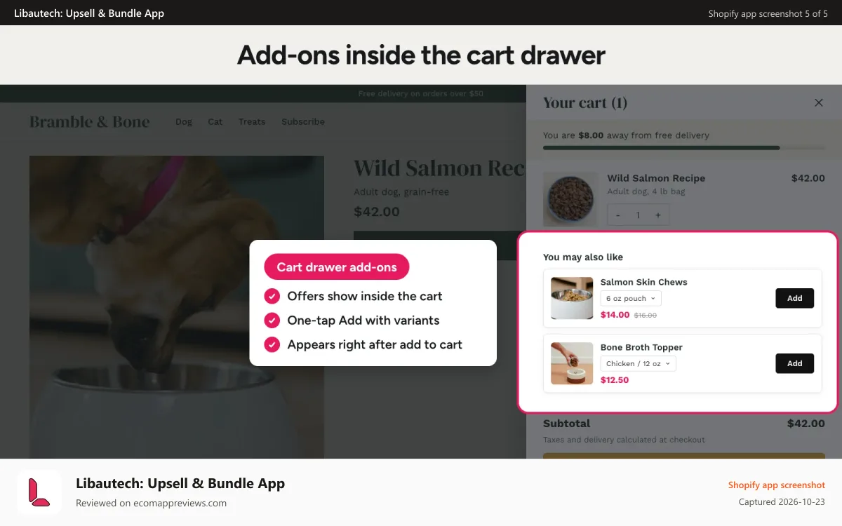 Libautech: Upsell & Bundle App Shopify app screenshot: Cart drawer upsell and add-ons with one tap Add